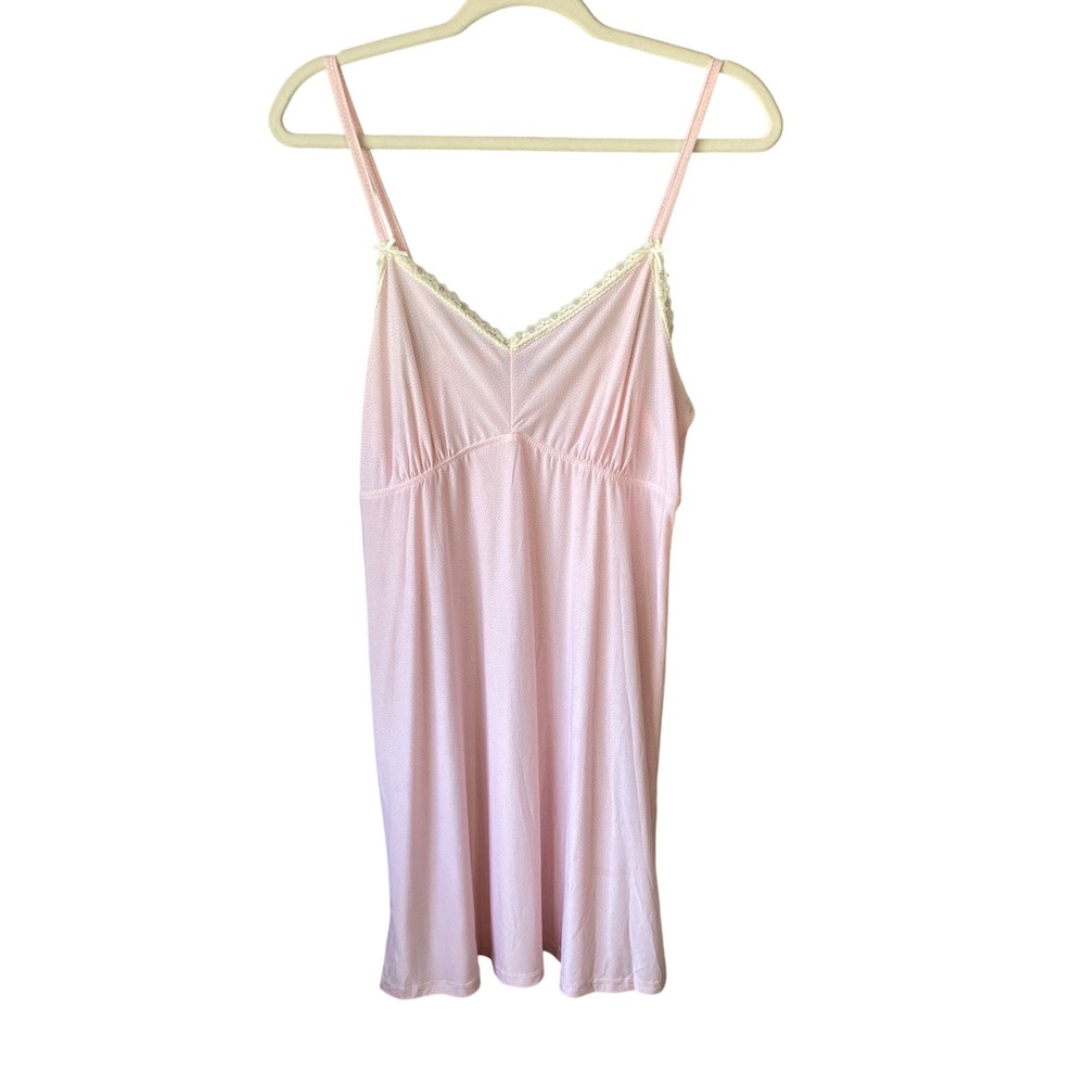 Rene Rofe Pink Polka Dot Lace Trim Chemise Nightgown Adjustable Straps Small